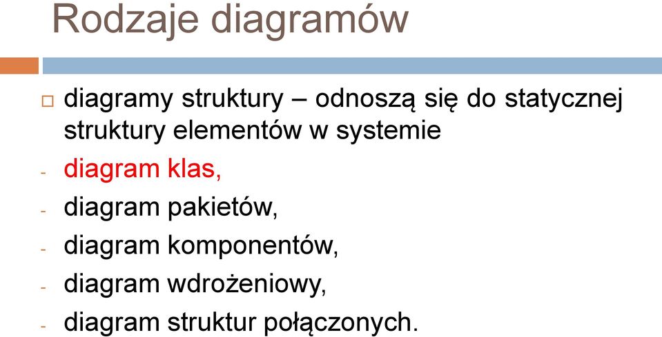 klas, - diagram pakietów, - diagram komponentów, -