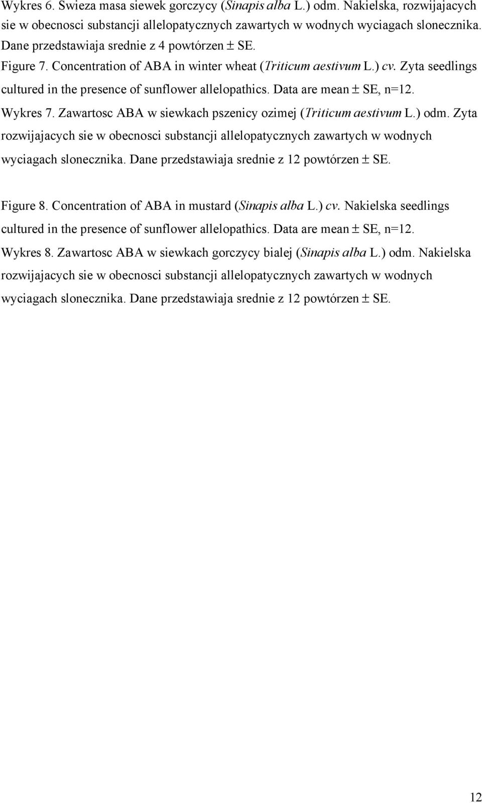 Data are mean ± SE, n=12. Wykres 7. Zawartosc ABA w siewkach pszenicy ozimej (Triticum aestivum L.) odm.