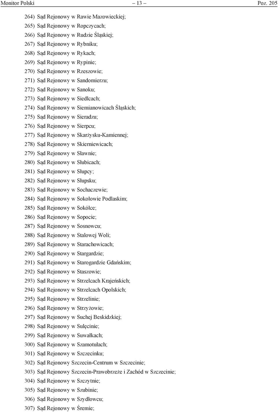 270) Sąd Rejonowy w Rzeszowie; 271) Sąd Rejonowy w Sandomierzu; 272) Sąd Rejonowy w Sanoku; 273) Sąd Rejonowy w Siedlcach; 274) Sąd Rejonowy w Siemianowicach Śląskich; 275) Sąd Rejonowy w Sieradzu;