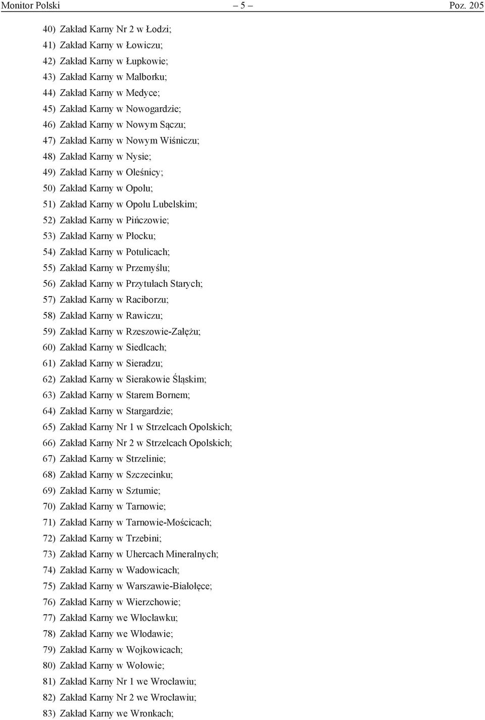 Nowym Sączu; 47) Zakład Karny w Nowym Wiśniczu; 48) Zakład Karny w Nysie; 49) Zakład Karny w Oleśnicy; 50) Zakład Karny w Opolu; 51) Zakład Karny w Opolu Lubelskim; 52) Zakład Karny w Pińczowie; 53)