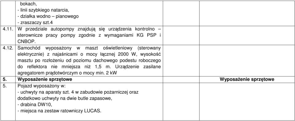 Samochód wyposażony w maszt oświetleniowy (sterowany elektrycznie) z najaśnicami o mocy łącznej 2000 W, wysokość masztu po rozłożeniu od poziomu dachowego podestu roboczego do