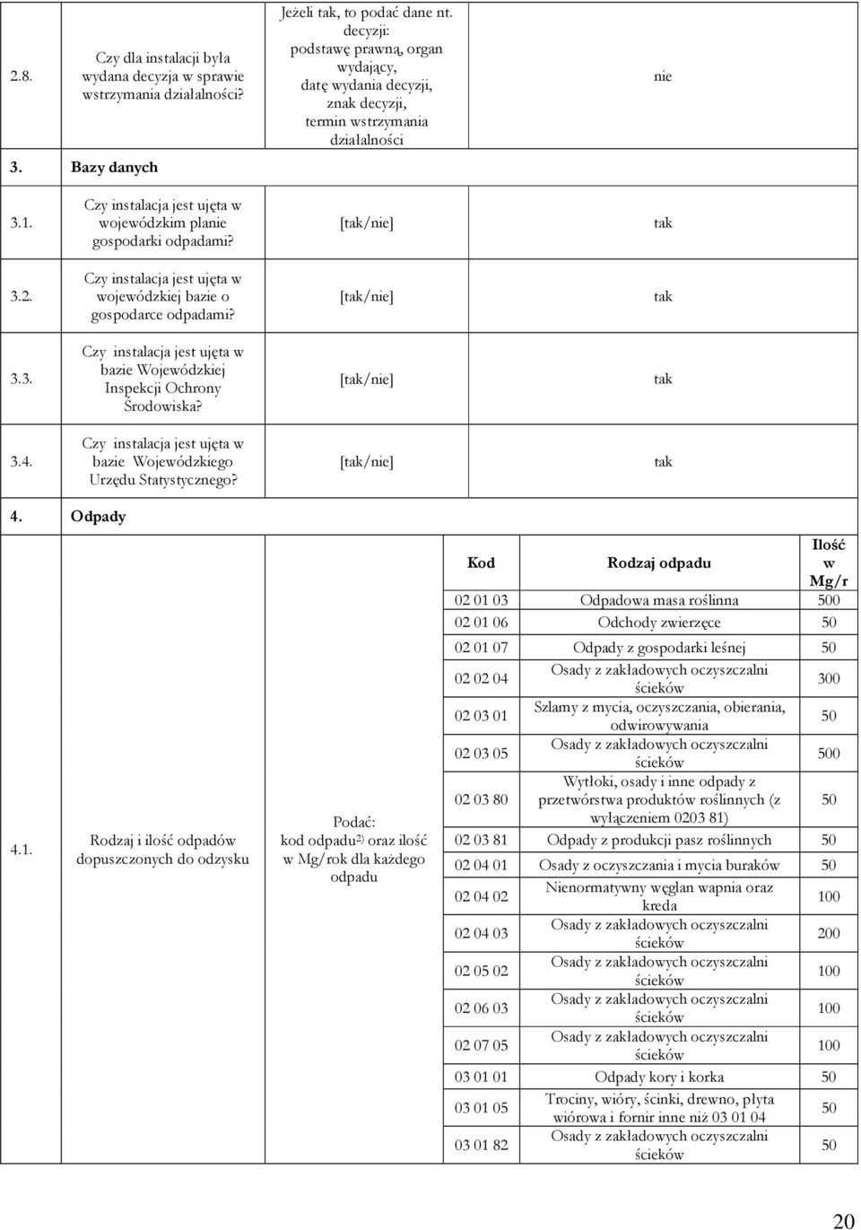 Czy instalacja jest ujęta w wojewódzkiej bazie o gospodarce odpadami? 3.3. Czy instalacja jest ujęta w bazie Wojewódzkiej Inspekcji Ochrony Środowiska? 3.4.