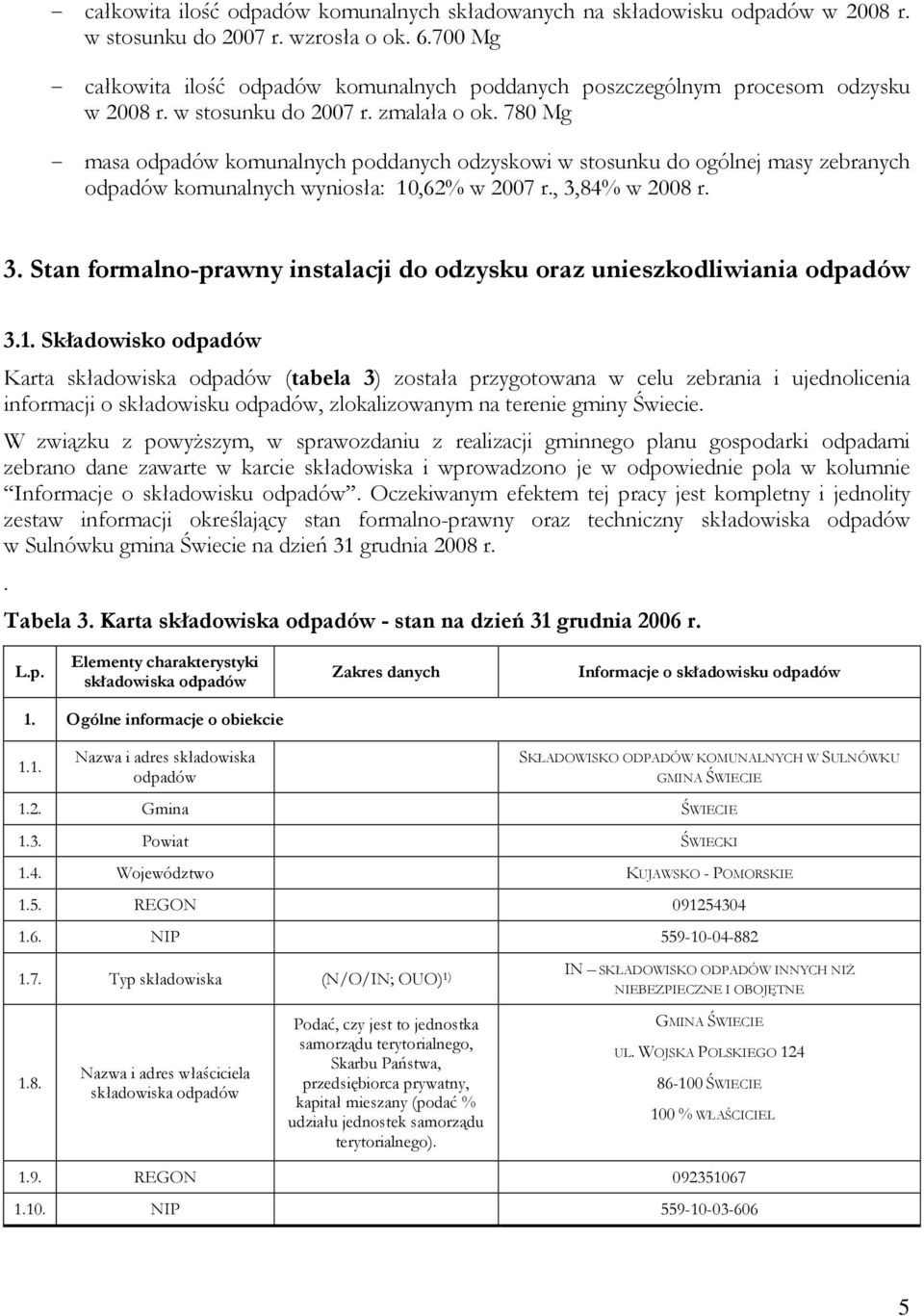 780 Mg - masa odpadów komunalnych poddanych odzyskowi w stosunku do ogólnej masy zebranych odpadów komunalnych wyniosła: 10,62% w 2007 r., 3,