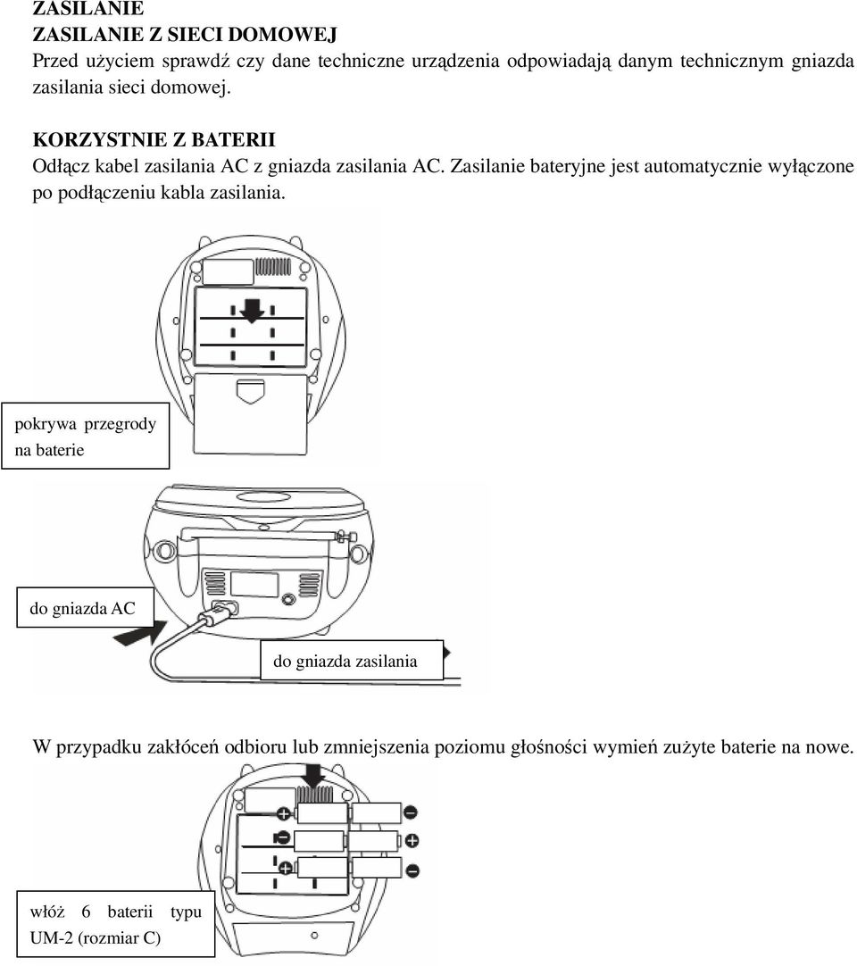 Zasilanie bateryjne jest automatycznie wyłączone po podłączeniu kabla zasilania.