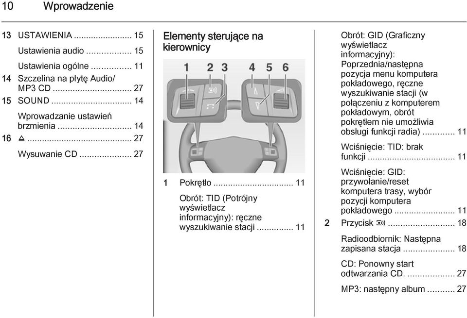 .. 11 Obrót: GID (Graficzny wyświetlacz informacyjny): Poprzednia/następna pozycja menu komputera pokładowego, ręczne wyszukiwanie stacji (w połączeniu z komputerem pokładowym, obrót pokrętłem nie