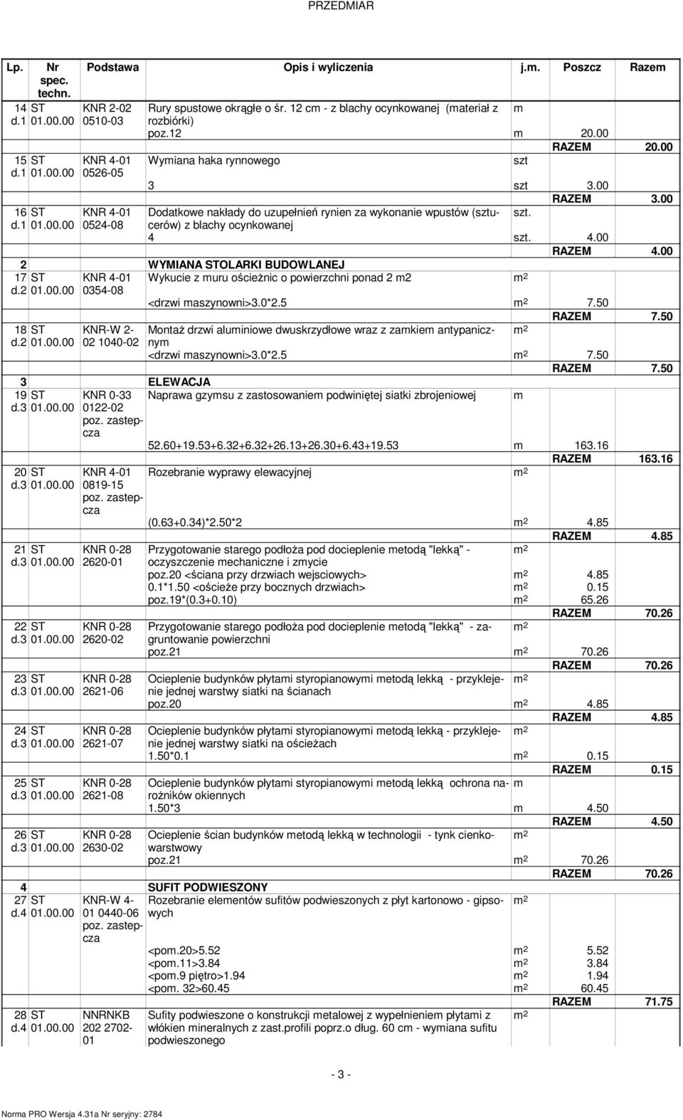 ościeŝnic o powierzchni ponad 2 2 2 18 d2 19 d3 KNR-W 2-02 1040-02 <drzwi aszynowni>30*25 2 750 RAZEM 750 MontaŜ drzwi aluiniowe dwuskrzydłowe wraz z zakie antypaniczny 2 <drzwi aszynowni>30*25 2 750