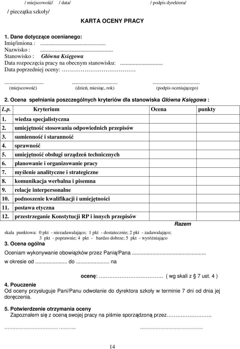 Ocena spełniania poszczególnych kryteriów dla stanowiska Główna Księgowa : L.p. Kryterium Ocena punkty 1. wiedza specjalistyczna 2. umiejętność stosowania odpowiednich przepisów 3.