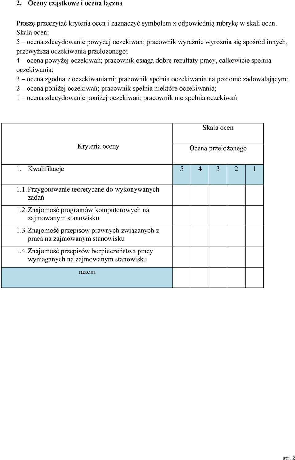 pracy, całkowicie spełnia oczekiwania; 3 ocena zgodna z oczekiwaniami; pracownik spełnia oczekiwania na poziome zadowalającym; 2 ocena poniżej oczekiwań; pracownik spełnia niektóre oczekiwania; 1