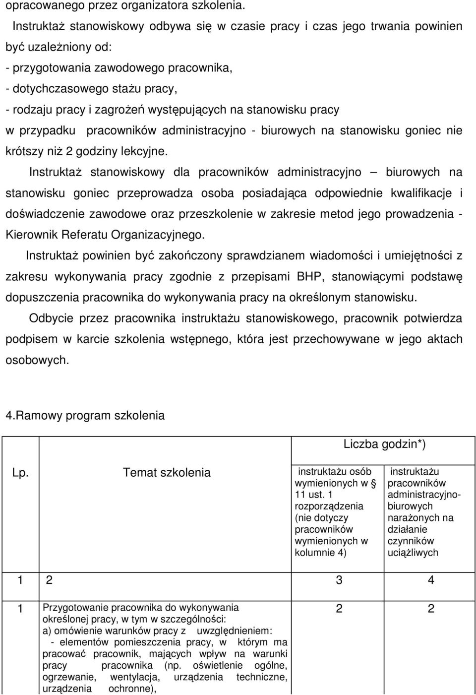 występujących na stanowisku pracy w przypadku pracowników administracyjno - biurowych na stanowisku goniec nie krótszy niŝ 2 godziny lekcyjne.