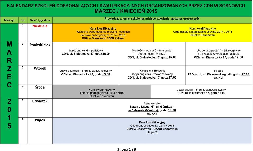 .3 Terapia pedagogiczna 4 / łodość wolność tolerancja. Vademecum istrza DN, ul. Białostocka 7, godz.. DN, ul. Białostocka 7, godz.7. Basen Sztygarki, ul.