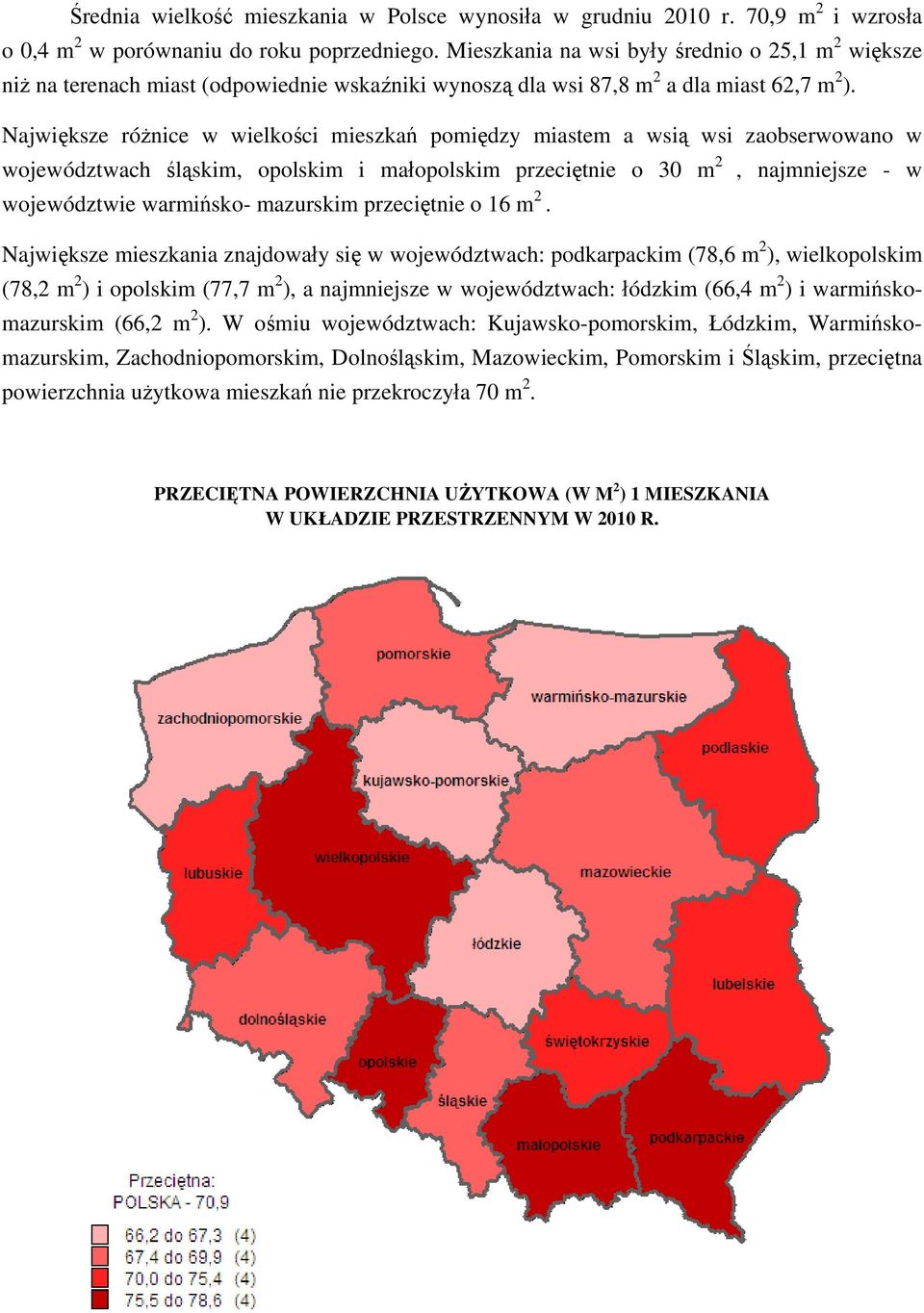 Największe różnice w wielkości mieszkań pomiędzy miastem a wsią wsi zaobserwowano w województwach śląskim, opolskim i małopolskim przeciętnie o 30 m 2, najmniejsze - w województwie warmińsko-