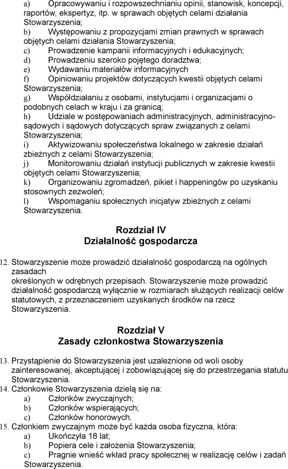 pojętego doradztwa; e) Wydawaniu materiałów informacyjnych f) Opiniowaniu projektów dotyczących kwestii objętych celami g) Współdziałaniu z osobami, instytucjami i organizacjami o podobnych celach w