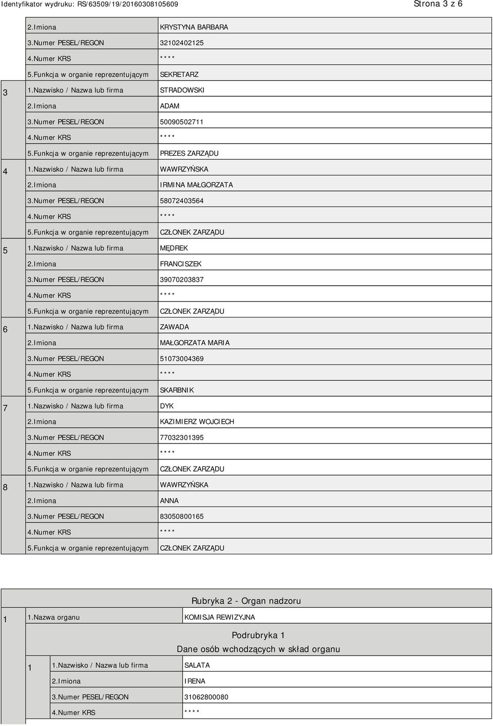 Nazwisko / Nazwa lub firma ZAWADA MAŁGORZATA MARIA 3.Numer PESEL/REGON 51073004369 SKARBNIK 7 1.Nazwisko / Nazwa lub firma DYK KAZIMIERZ WOJCIECH 3.Numer PESEL/REGON 77032301395 8 1.