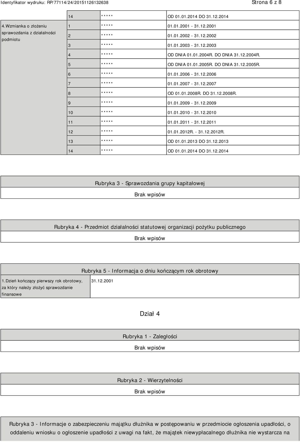 12.2009 10 ***** 01.01.2010-31.12.2010 11 ***** 01.01.2011-31.12.2011 12 ***** 01.01.2012R. - 31.12.2012R. 13 ***** OD 01.01.2013 DO 31.12.2013 14 ***** OD 01.01.2014 DO 31.12.2014 Rubryka 3 - Sprawozdania grupy kapitałowej Rubryka 4 - Przedmiot działalności statutowej organizacji pożytku publicznego Rubryka 5 - Informacja o dniu kończącym rok obrotowy 1.