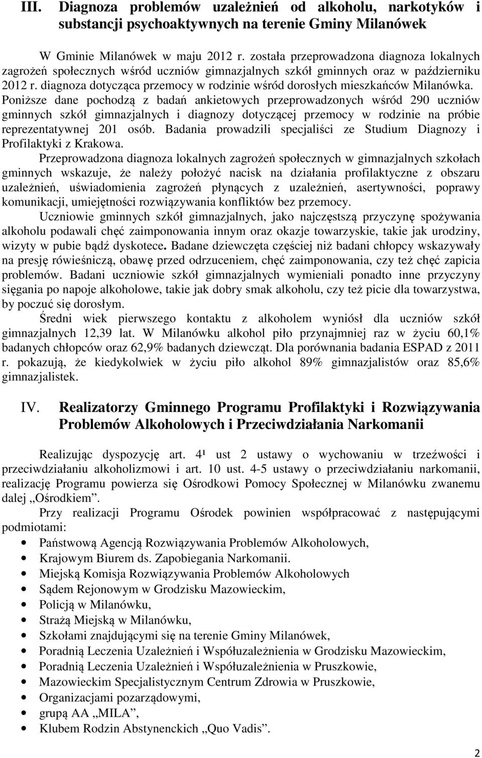 diagnoza dotycząca przemocy w rodzinie wśród dorosłych mieszkańców Milanówka.