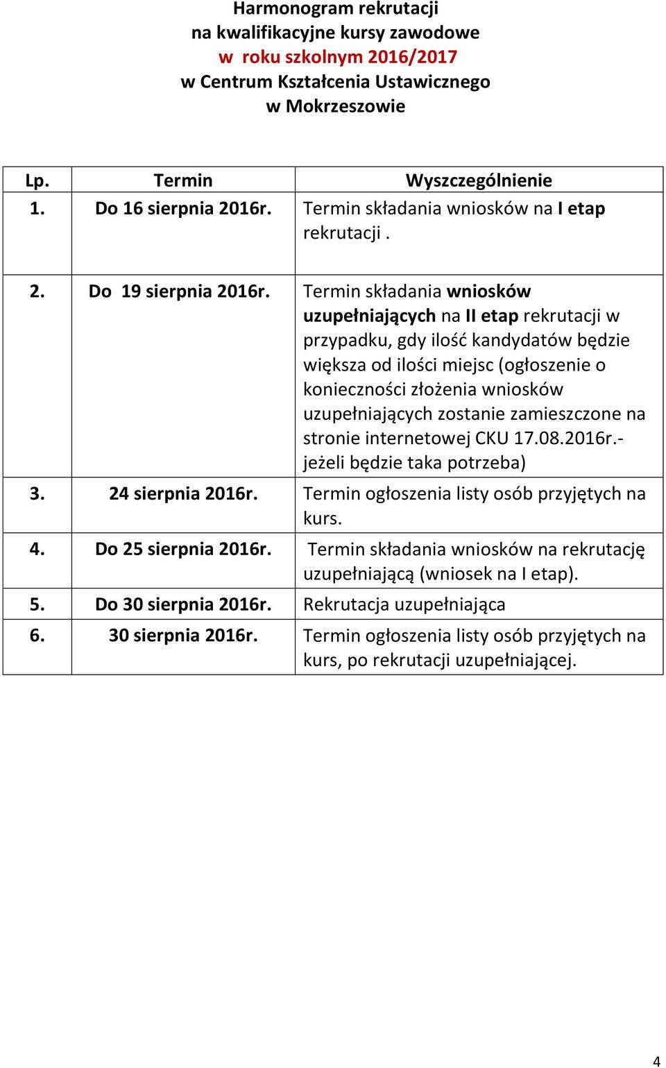 Termin składania wniosków uzupełniających na II etap rekrutacji w przypadku, gdy ilość kandydatów będzie większa od ilości miejsc (ogłoszenie o konieczności złożenia wniosków uzupełniających zostanie