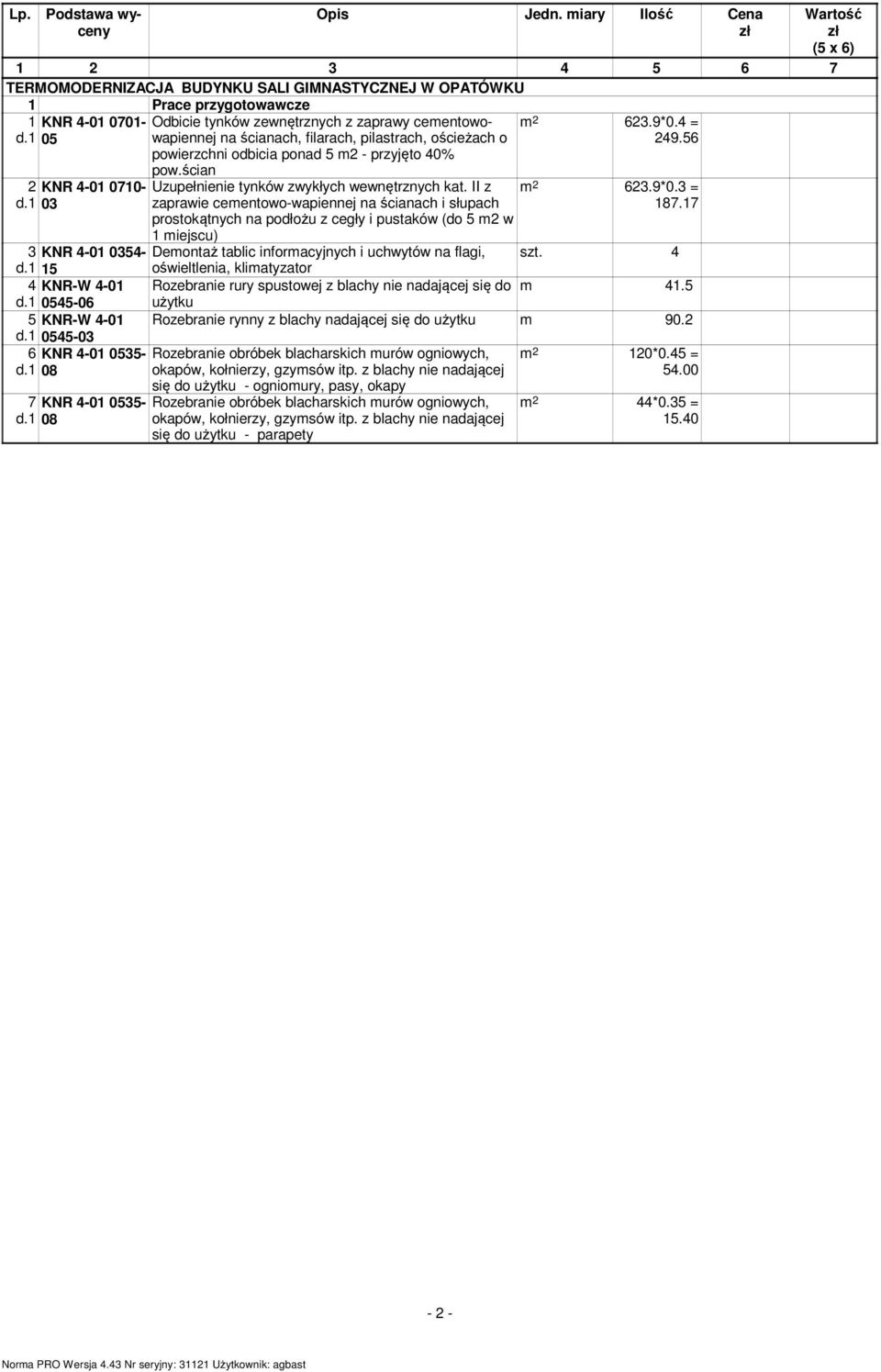 ścian Uzupełnienie tynków zwykłych wewnętrznych kat. II z zaprawie cementowo-wapiennej na ścianach i słupach prostokątnych na podłożu z cegły i pustaków (do 5 m w miejscu) m 63.9*0.4 = 49.56 m 63.9*0.3 = 87.