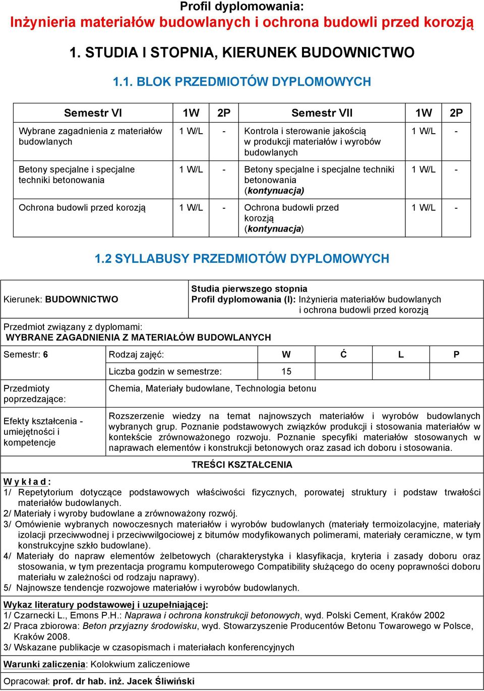 1. BLOK PRZEDMIOTÓW DYPLOMOWYCH Semestr VI 1W 2P Semestr VII 1W 2P Wybrane zagadnienia z materiałów budowlanych Betony specjalne i specjalne techniki betonowania 1 W/L - Kontrola i sterowanie