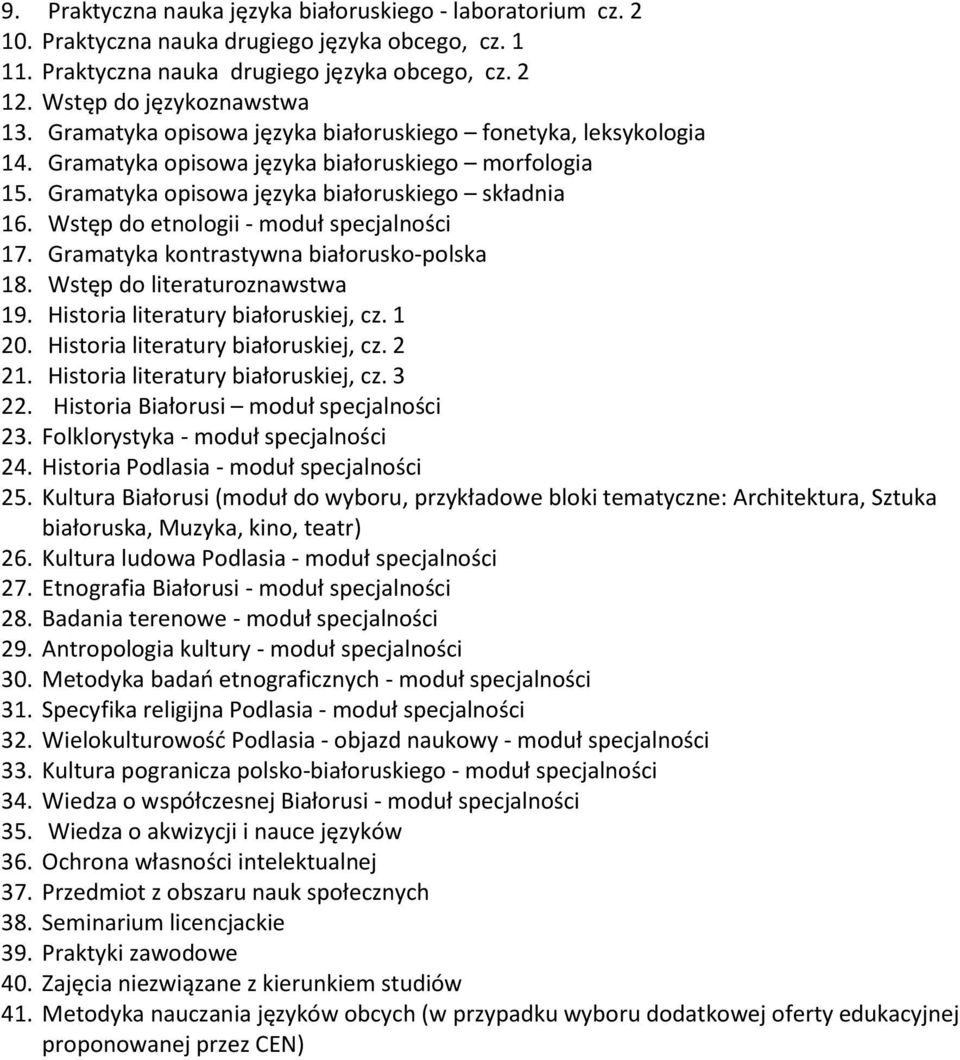 Wstęp do etnologii - moduł specjalności 17. Gramatyka kontrastywna białorusko-polska 18. Wstęp do literaturoznawstwa 19. Historia literatury białoruskiej, cz. 1 20.