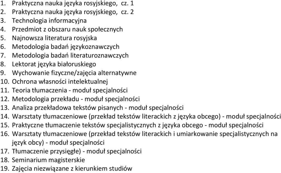 Teoria tłumaczenia - moduł specjalności 12. Metodologia przekładu - moduł specjalności 13. Analiza przekładowa tekstów pisanych - moduł specjalności 14.