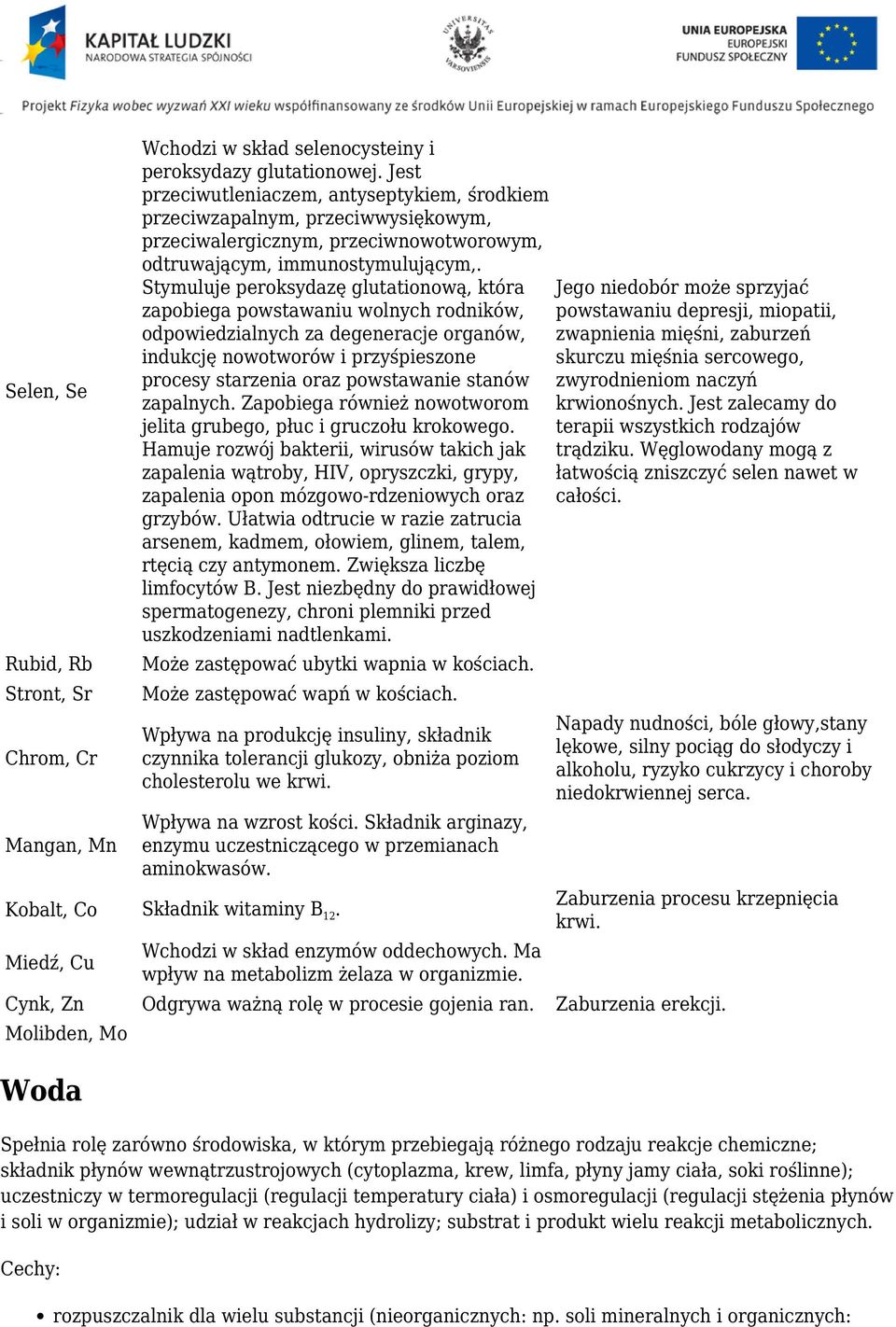 Stymuluje peroksydazę glutationową, która Jego niedobór może sprzyjać zapobiega powstawaniu wolnych rodników, powstawaniu depresji, miopatii, odpowiedzialnych za degeneracje organów, zwapnienia