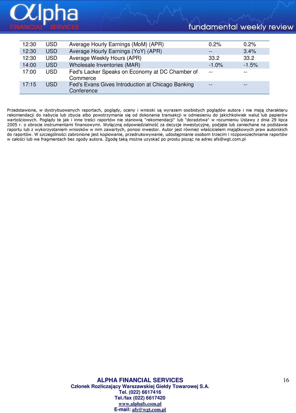 5% 17:00 USD Fed's Lacker Speaks on Economy at DC Chamber of -- -- Commerce 17:15 USD Fed's Evans Gives Introduction at Chicago Banking Conference -- -- Przedstawione, w dystrybuowanych raportach,