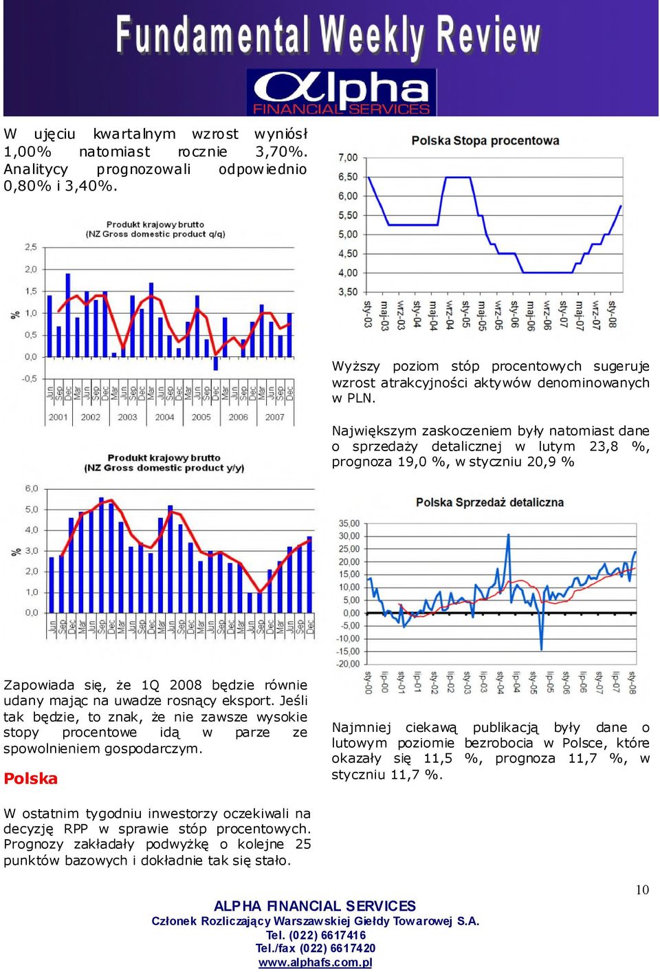 Największym zaskoczeniem był y natomiast dane o sprzedaż y detalicznej w lutym 23,8 %, prognoza 19,0 %, w styczniu 20,9 % Zapowiada się, że 1Q 2008 będzie równie udany mając na uwadze rosnący eksport.