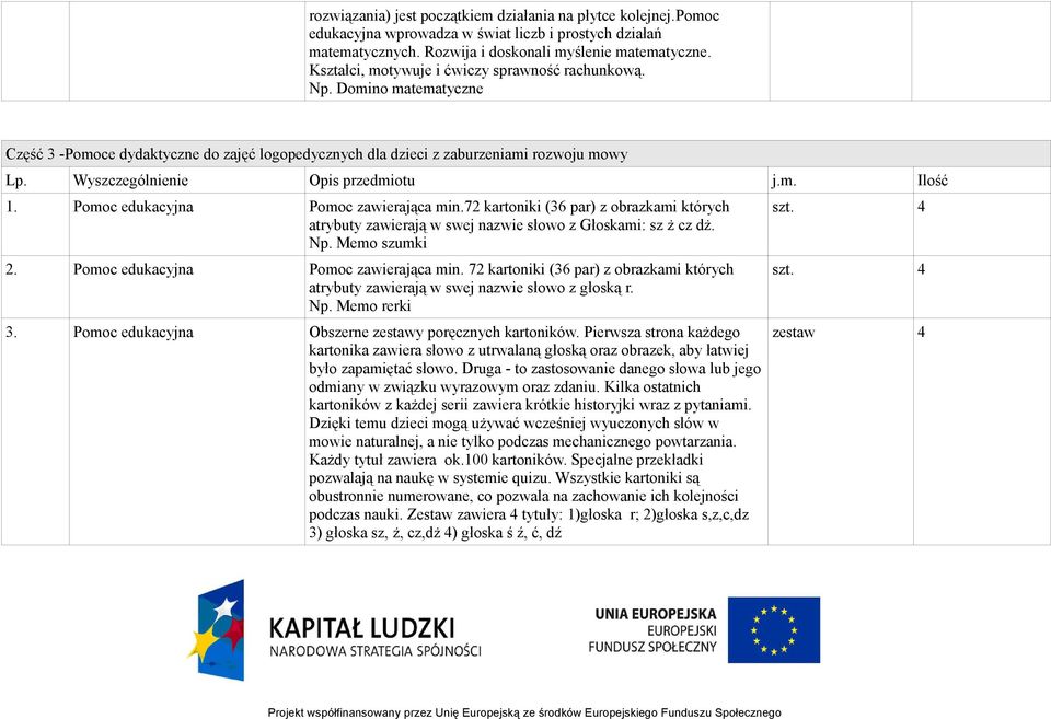 Pomoc edukacyjna Pomoc zawierająca min.72 kartoniki (36 par) z obrazkami których atrybuty zawierają w swej nazwie słowo z Głoskami: sz ż cz dż. Np. Memo szumki 2.