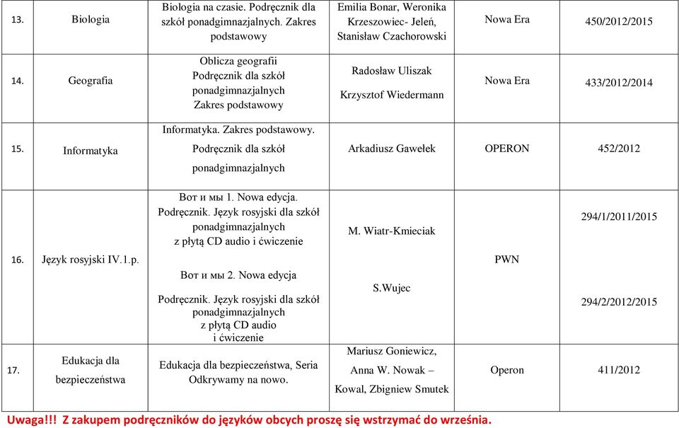 Język rosyjski dla szkół z płytą CD audio i ćwiczenie M. Wiatr-Kmieciak 294/1/2011/2015 16. Język rosyjski IV.1.p. Edukacja dla 17. bezpieczeństwa Вот и мы 2. Nowa edycja Podręcznik.