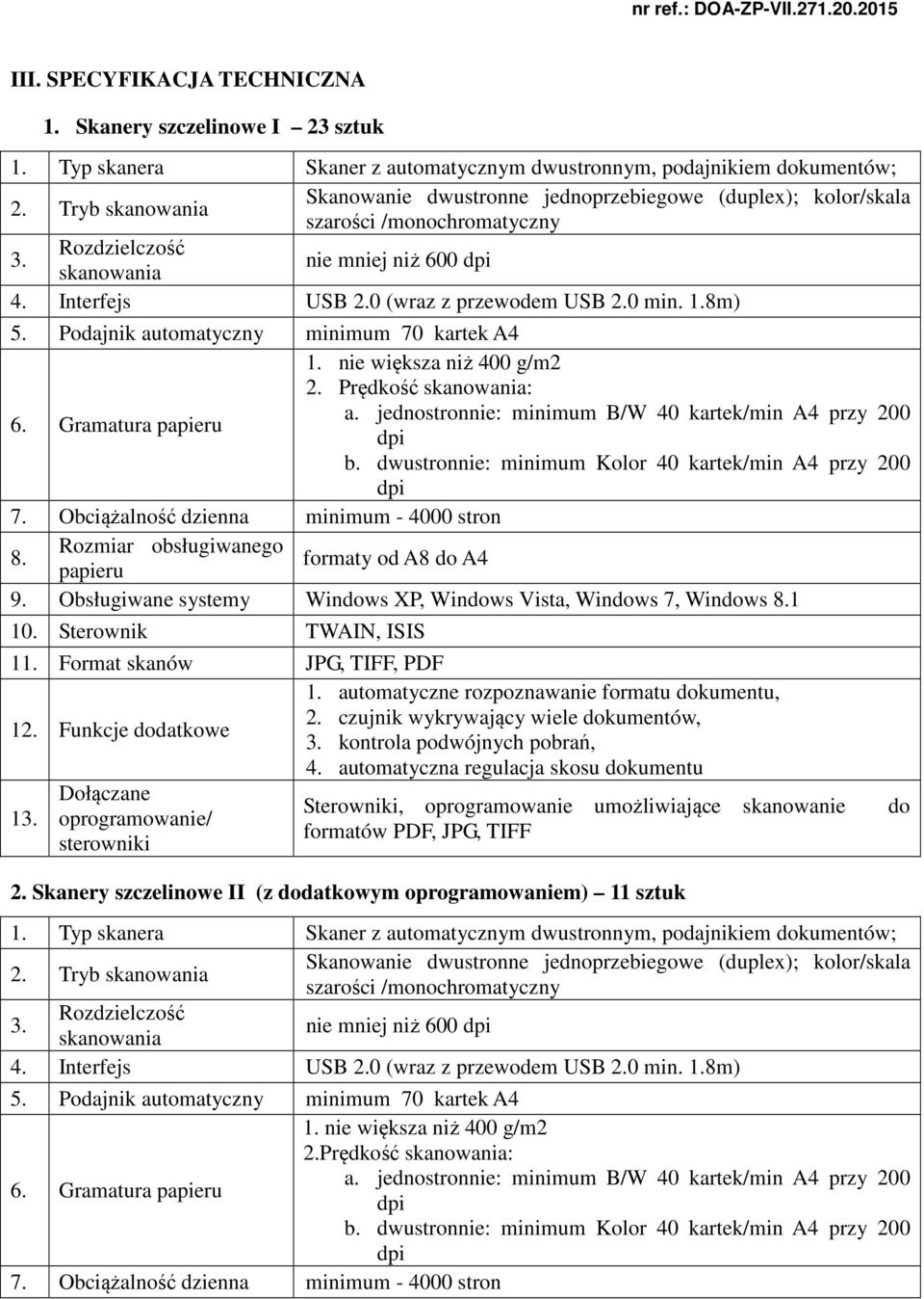 0 min. 1.8m) 5. Podajnik automatyczny minimum 70 kartek A4 6. Gramatura papieru 1. nie większa niż 400 g/m2 2. Prędkość skanowania: a. jednostronnie: minimum B/W 40 kartek/min A4 przy 200 dpi b.