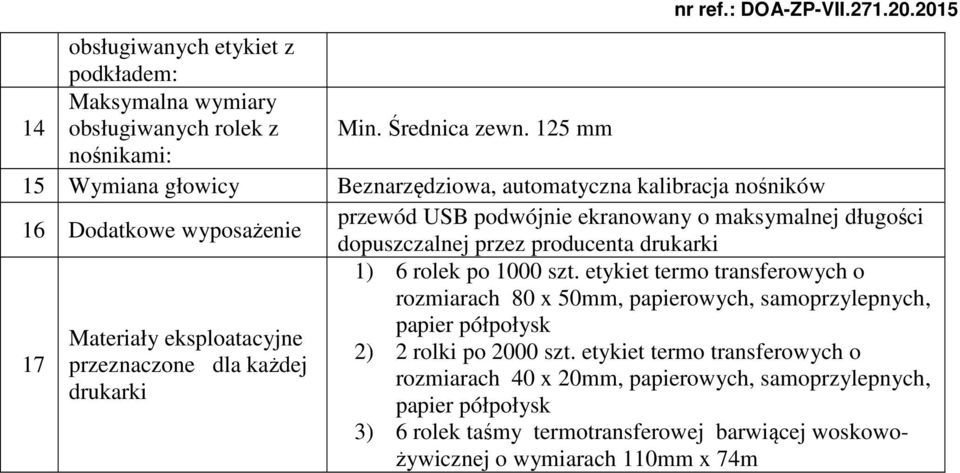 dopuszczalnej przez producenta drukarki 1) 6 rolek po 1000 szt.