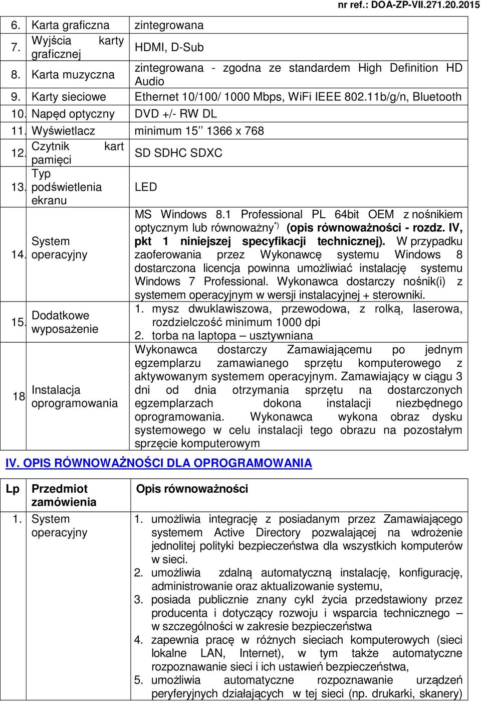 podświetlenia LED ekranu 14. System operacyjny 15. Dodatkowe wyposażenie 18. Instalacja oprogramowania MS Windows 8.