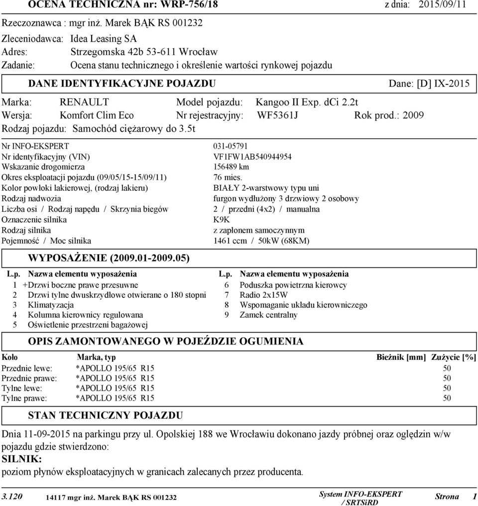 [D] IX-2015 Marka: RENAULT Model pojazdu: Wersja: Komfort Clim Eco Nr rejestracyjny: Rodzaj pojazdu: Samochód ciężarowy do 3.