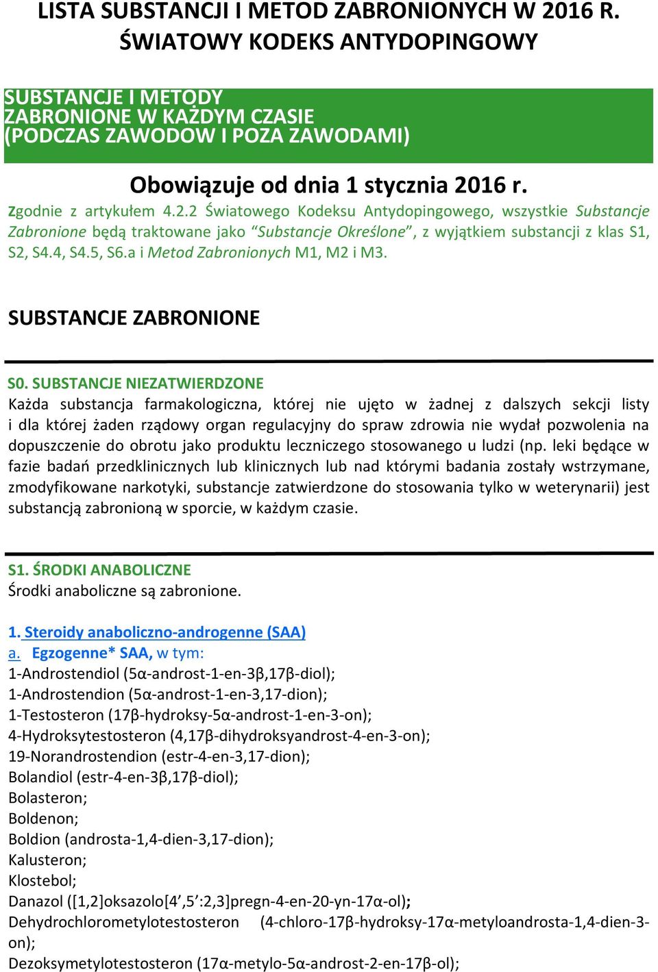 a i Metod Zabronionych M1, M2 i M3. SUBSTANCJE ZABRONIONE S0.