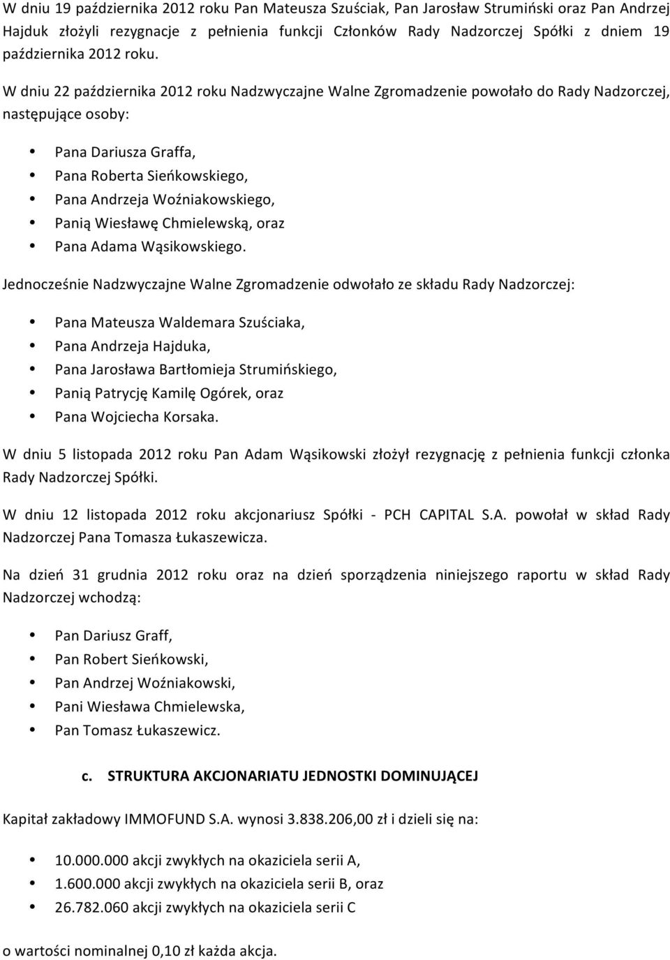 W dniu 22 października 2012 roku Nadzwyczajne Walne Zgromadzenie powołało do Rady Nadzorczej, następujące osoby: Pana Dariusza Graffa, Pana Roberta Sieńkowskiego, Pana Andrzeja Woźniakowskiego, Panią