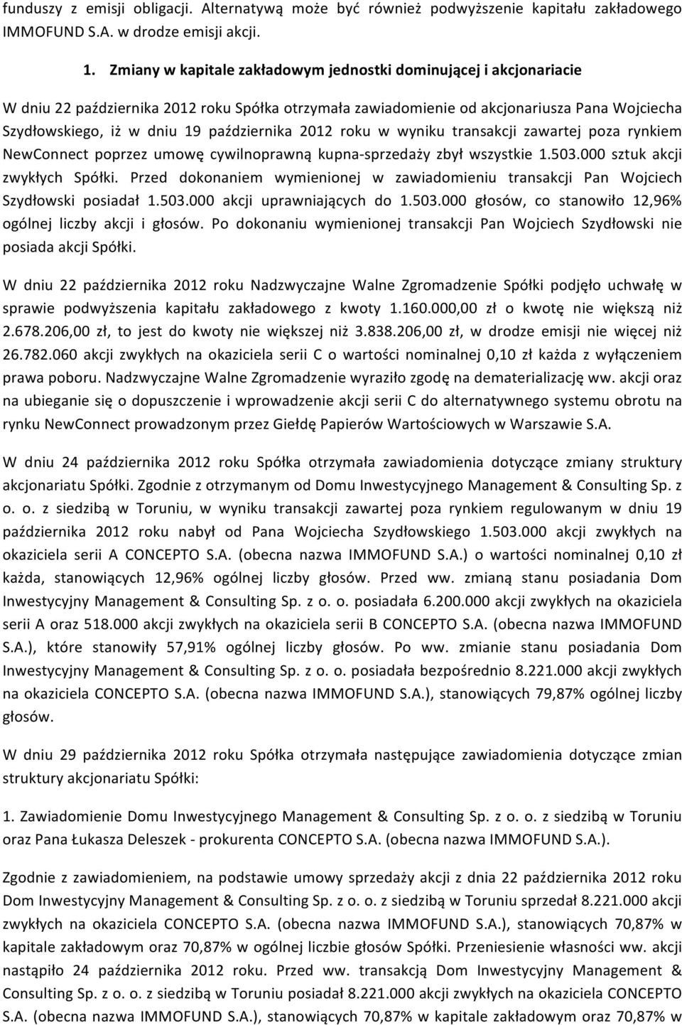 października 2012 roku w wyniku transakcji zawartej poza rynkiem NewConnect poprzez umowę cywilnoprawną kupna- sprzedaży zbył wszystkie 1.503.000 sztuk akcji zwykłych Spółki.