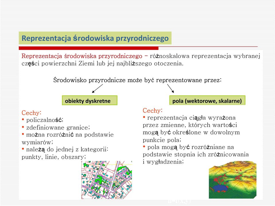 Środowisko przyrodnicze może być reprezentowane przez: Cechy: obiekty dyskretne policzalność; zdefiniowane granice; moŝna rozróŝnić na podstawie