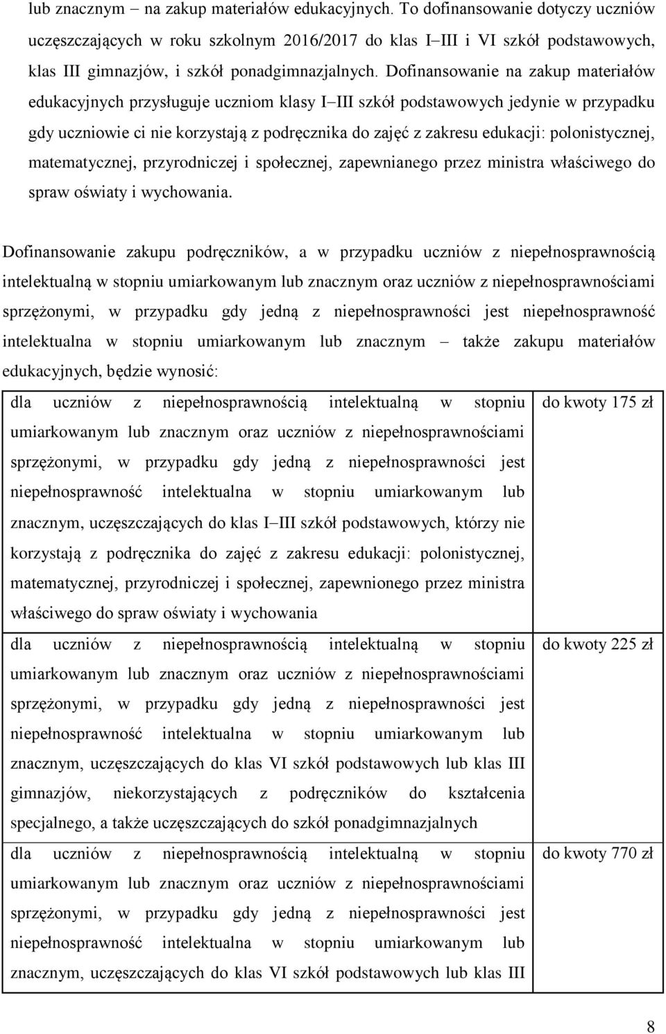 Dofinansowanie na zakup materiałów edukacyjnych przysługuje uczniom klasy I III szkół podstawowych jedynie w przypadku gdy uczniowie ci nie korzystają z podręcznika do zajęć z zakresu edukacji: