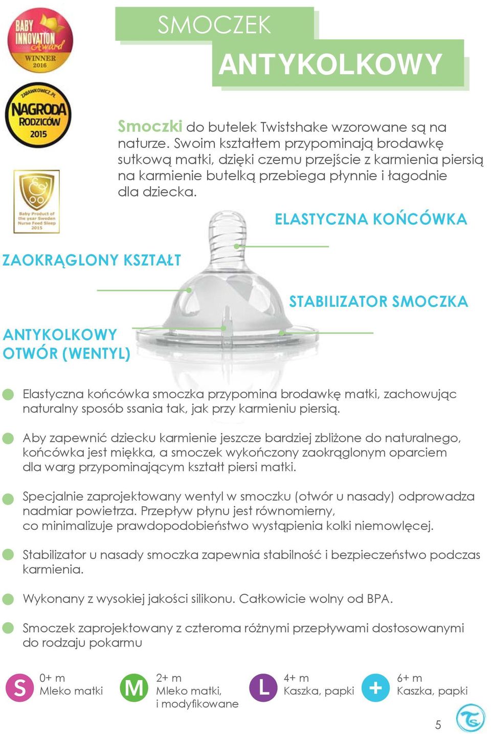 ELASTYCZNA KOŃCÓWKA STABILIZATOR SMOCZKA Elastyczna końcówka smoczka przypomina brodawkę matki, zachowując naturalny sposób ssania tak, jak przy karmieniu piersią.