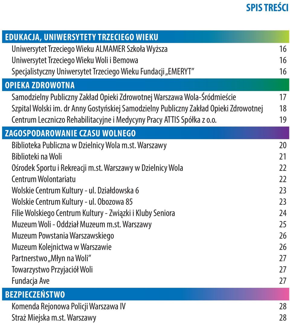 dr Anny Gostyńskiej Samodzielny Publiczny Zakład Opieki Zdrowotnej 18 Centrum Leczniczo Rehabilitacyjne i Medycyny Pracy ATTIS Spółka z o.o. 19 ZAGOSPODAROWANIE CZASU WOLNEGO Biblioteka Publiczna w Dzielnicy Wola m.