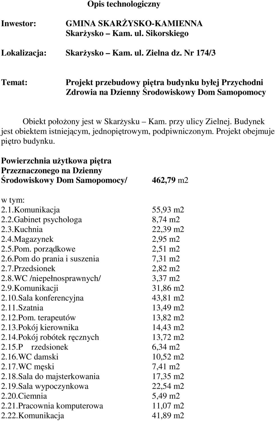 Budynek jest obiektem istniejącym, jednopiętrowym, podpiwniczonym. Projekt obejmuje piętro budynku. Powierzchnia uŝytkowa piętra Przeznaczonego na Dzienny Środowiskowy Dom Samopomocy/ w tym: 2.1.