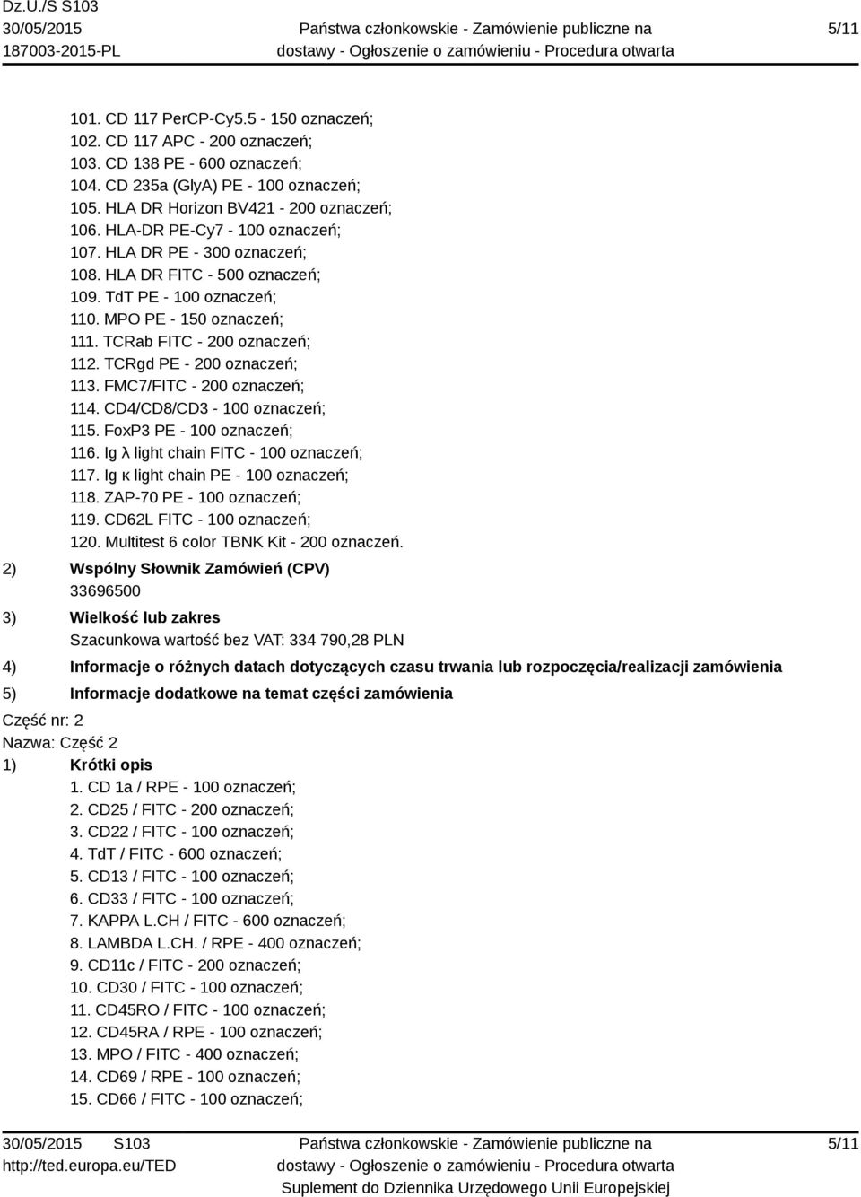 TCRgd PE - 200 oznaczeń; 113. FMC7/FITC - 200 oznaczeń; 114. CD4/CD8/CD3-100 oznaczeń; 115. FoxP3 PE - 100 oznaczeń; 116. Ig λ light chain FITC - 100 oznaczeń; 117.