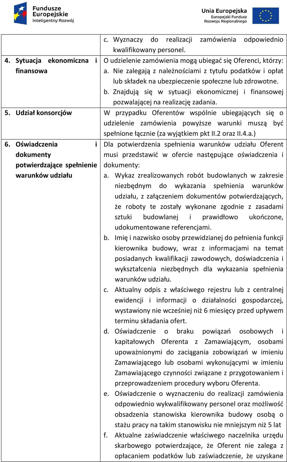 Udział konsorcjów W przypadku Oferentów wspólnie ubiegających się o udzielenie zamówienia powyższe warunki muszą być spełnione łącznie (za wyjątkiem pkt II.2 oraz II.4.a.) 6.