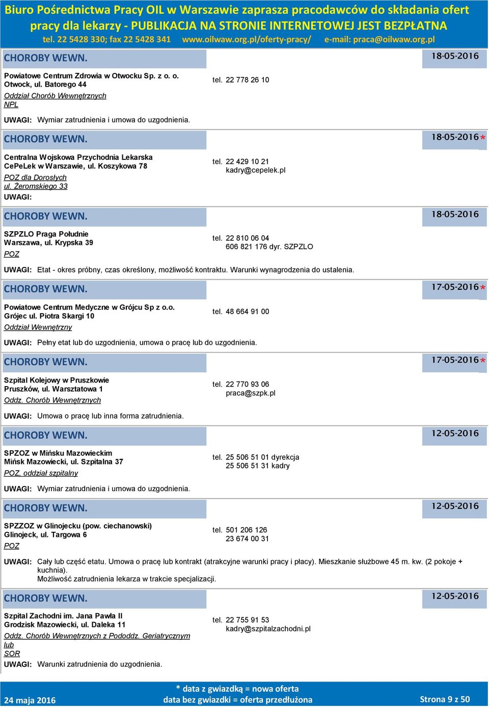 22 810 06 04 606 821 176 dyr. SZPZLO UWAGI: Etat - okres próbny, czas określony, możliwość kontraktu. Warunki wynagrodzenia do ustalenia. 17-05-2016 Powiatowe Centrum Medyczne w Grójcu Sp z o.o. Grójec ul.