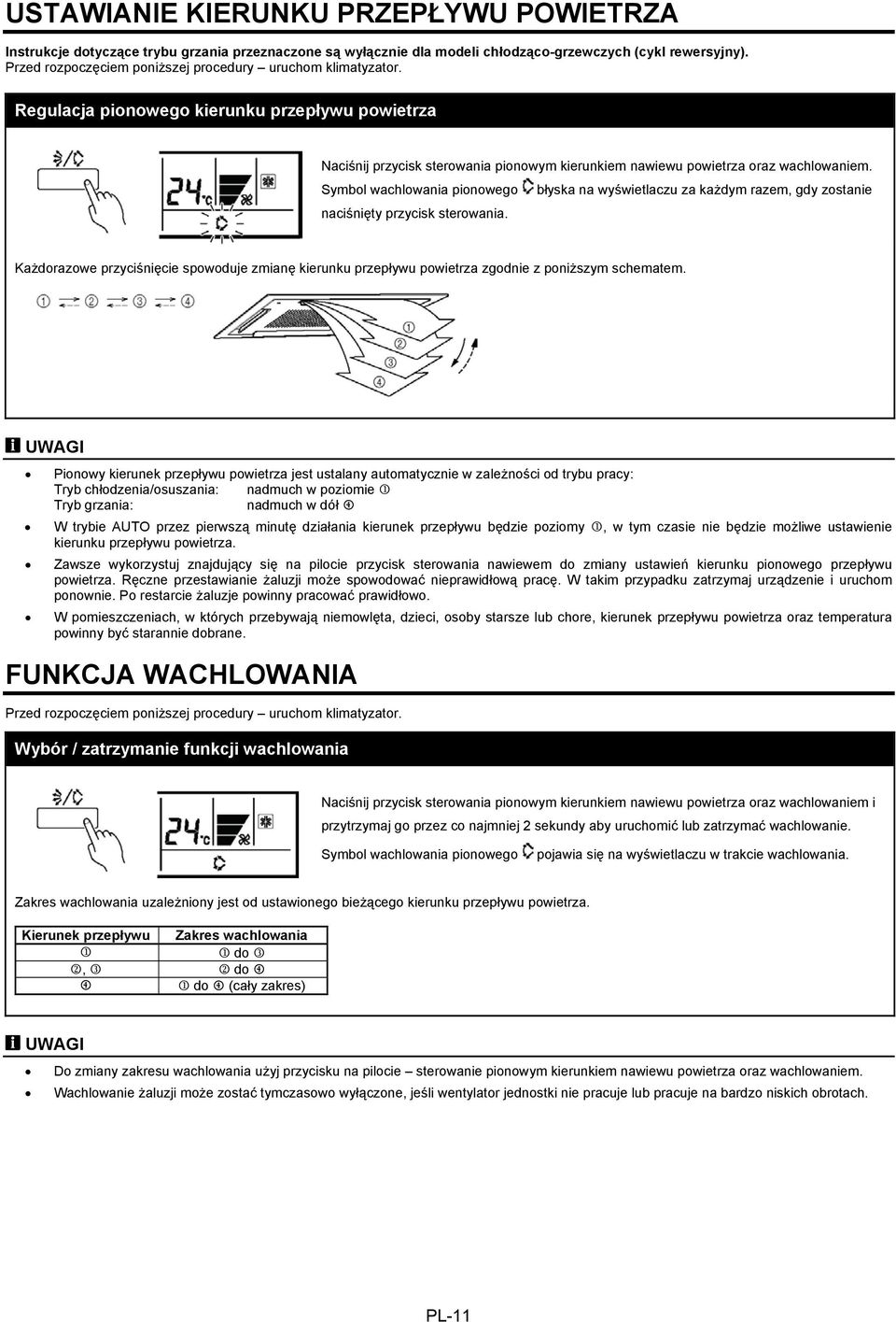 Symbol wachlowania pionowego błyska na wyświetlaczu za każdym razem, gdy zostanie naciśnięty przycisk sterowania.