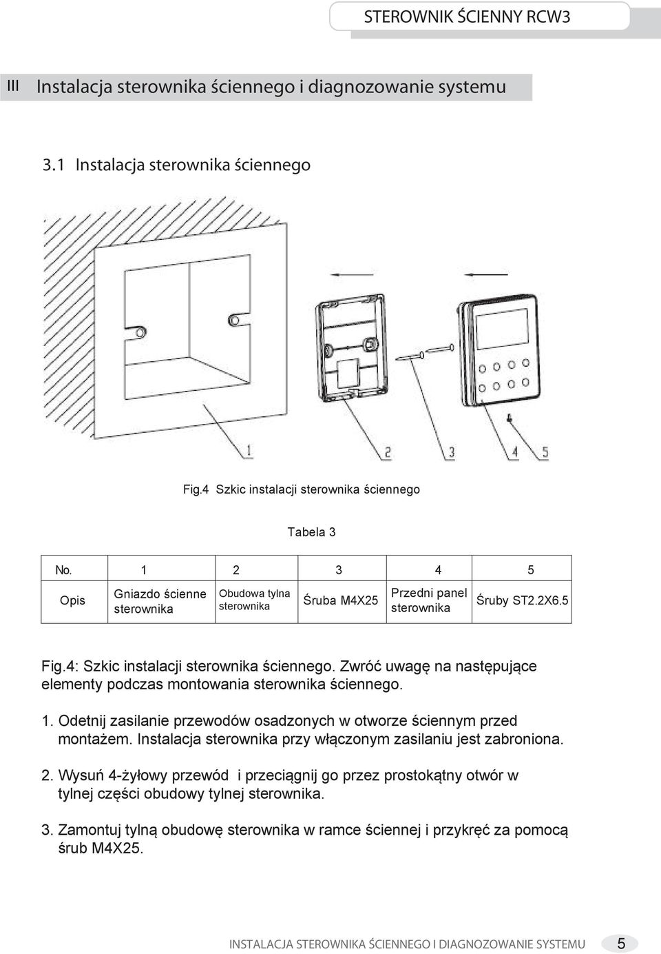 Zwróć uwagę na następujące elementy podczas montowania sterownika ściennego. 1. Odetnij zasilanie przewodów osadzonych w otworze ściennym przed montażem.