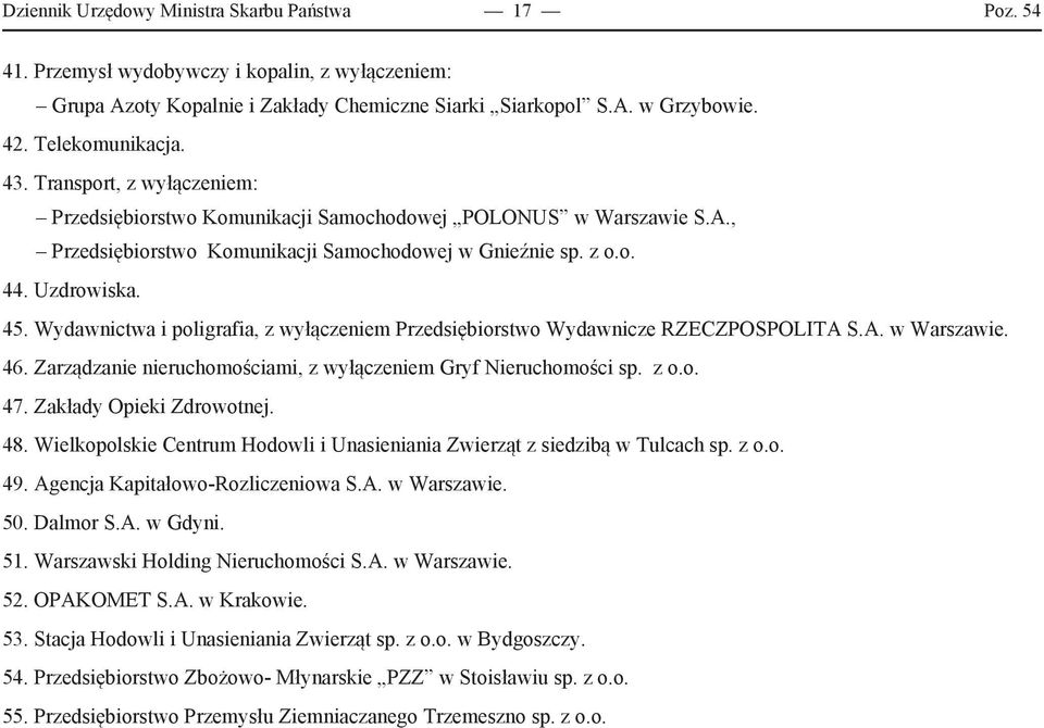 Wydawnictwa i poligrafia, z wyłączeniem Przedsiębiorstwo Wydawnicze RZECZPOSPOLITA S.A. w Warszawie. 46. Zarządzanie nieruchomościami, z wyłączeniem Gryf Nieruchomości sp. z o.o. 47.