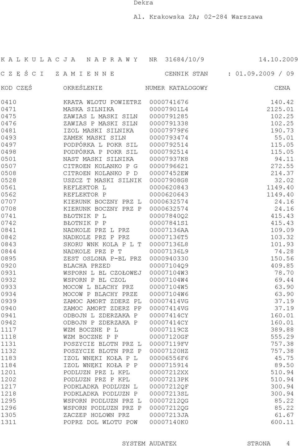 01 0497 PODPÓRKA L POKR SIL 0000792514 115.05 0498 PODPÓRKA P POKR SIL 0000792514 115.05 0501 NAST MASKI SILNIKA 00007937K8 94.11 0507 CITROEN KOLANKO P G 0000796621 272.