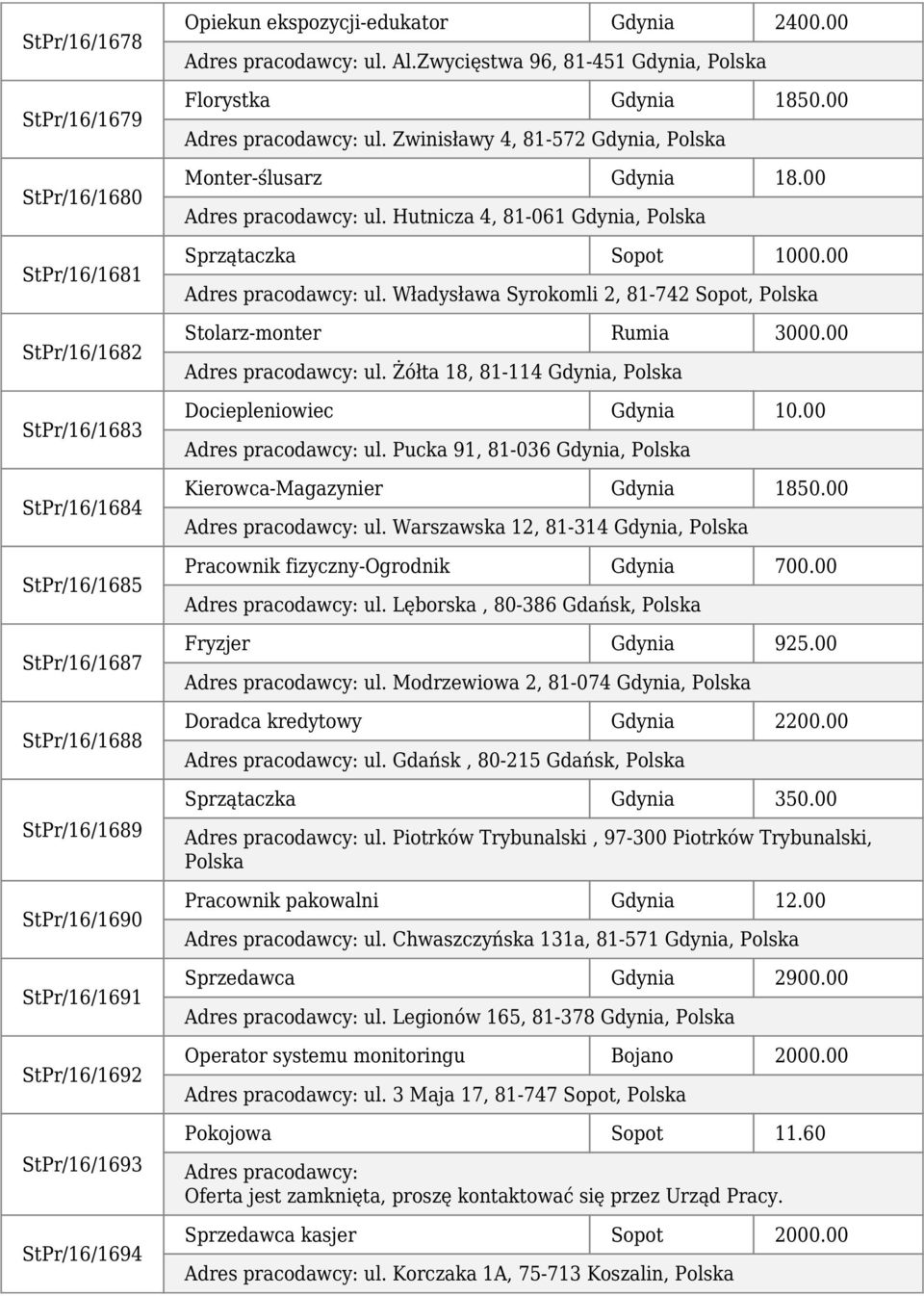 00 ul. Władysława Syrokomli 2, 81-742 Sopot, Polska Stolarz-monter Rumia 3000.00 ul. Żółta 18, 81-114 Gdynia, Polska Dociepleniowiec Gdynia 10.00 ul. Pucka 91, 81-036 Gdynia, Polska Kierowca-Magazynier Gdynia 1850.