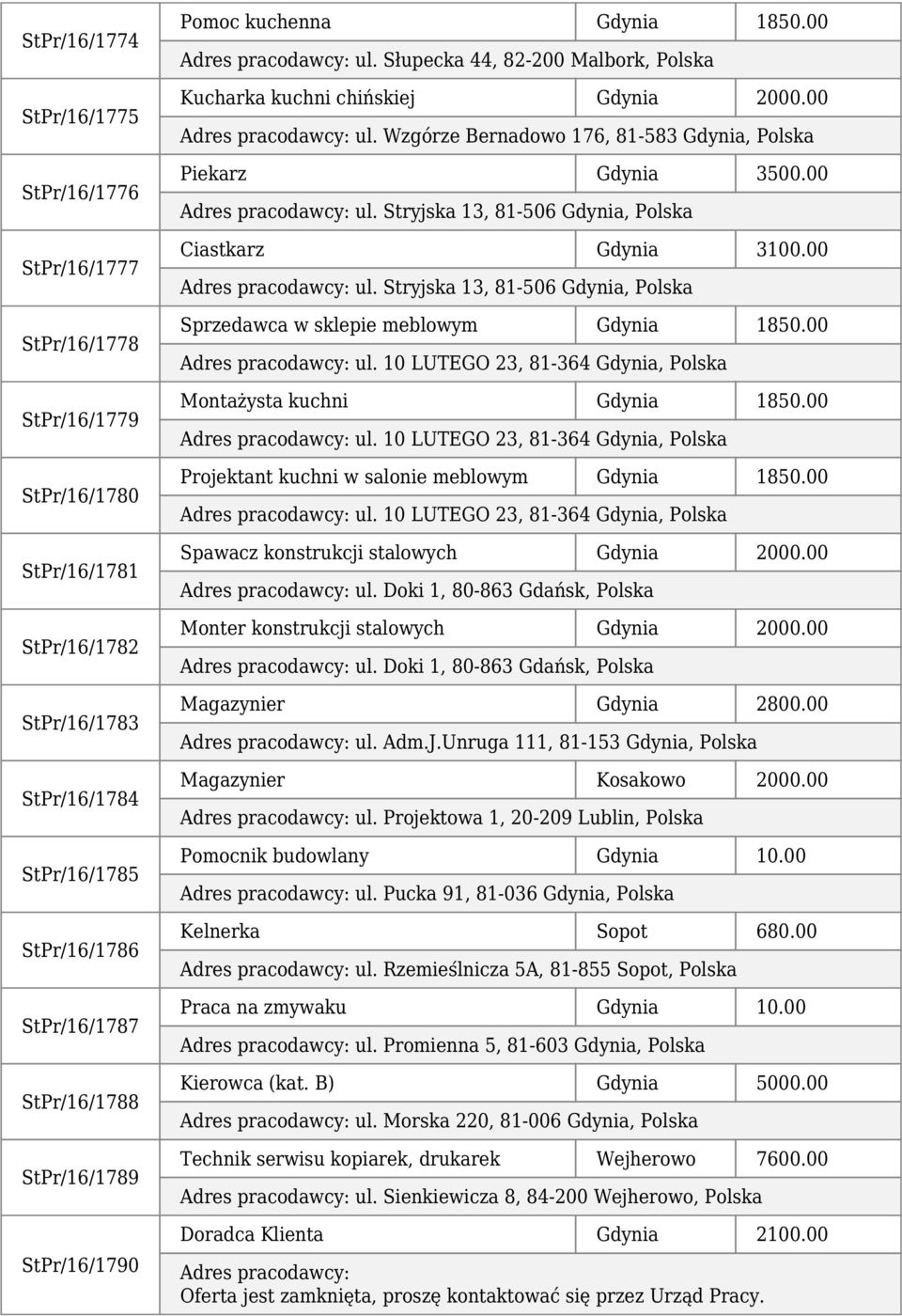 00 ul. Stryjska 13, 81-506 Gdynia, Polska Ciastkarz Gdynia 3100.00 ul. Stryjska 13, 81-506 Gdynia, Polska Sprzedawca w sklepie meblowym Gdynia 1850.00 ul. 10 LUTEGO 23, 81-364 Gdynia, Polska Montażysta kuchni Gdynia 1850.